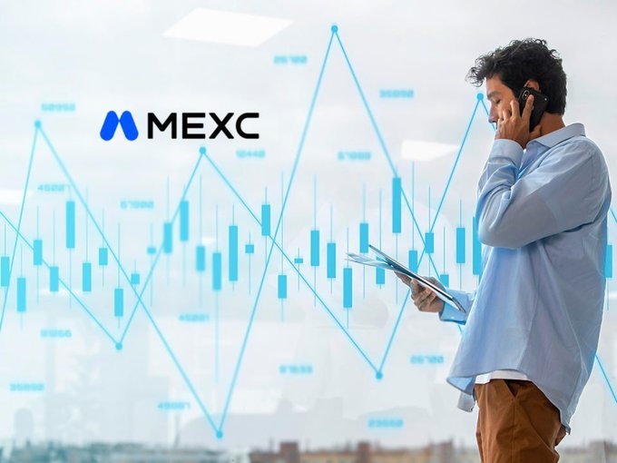 A promotional graphic for the cryptocurrency exchange MEXC, featuring a man on a phone call with a candlestick stock chart and the MEXC logo overlaid.