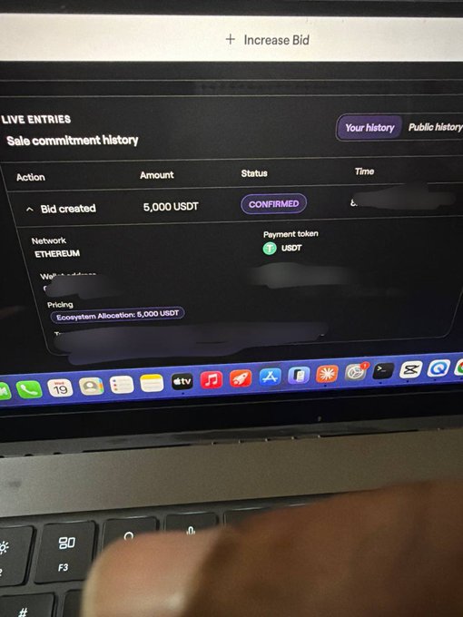 A photo shows a laptop screen displaying a confirmed bid of 5,000 USDT on Multipli for 5,000 USDT with USDT as the payment token on the Ethereum network, while a finger hovers over the keyboard. The image supports the post by showing the creator's live bid activity on Multipli, indicating they are actively participating in the presale they mentioned in their offer to buy out another user's presale spot for a 50/50 profit split.