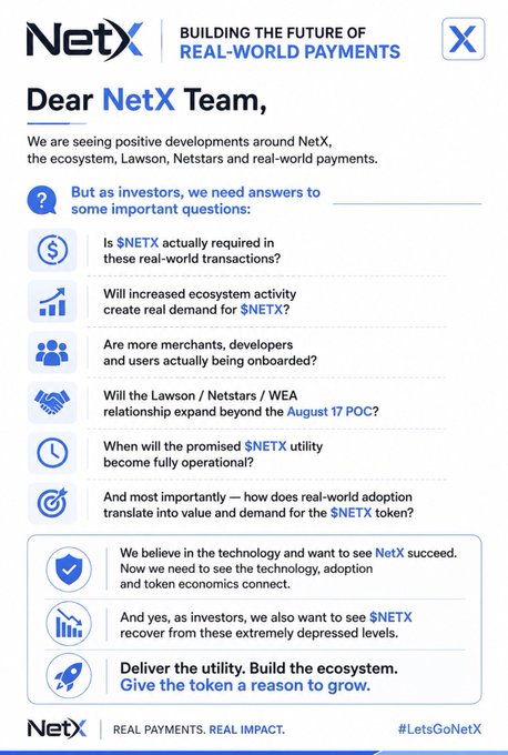 An infographic addressed 'Dear NetX Team' titled 'BUILDING THE FUTURE OF REAL-WORLD PAYMENTS', listing investor questions about $NETX utility, ecosystem activity, Lawson/Nestars/WEA relationship, and merchant onboarding, ending with 'Deliver the utility. Build the ecosystem.'