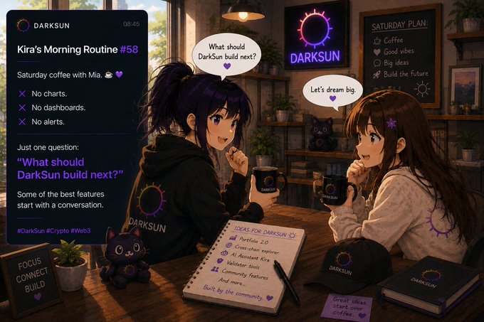Two anime-style characters, Kira and Mia, share coffee at a cozy café as they discuss "What should DarkSun build next?" surrounded by DarkSun-branded mugs, a notebook of community ideas, and a neon "DARKSUN" sign. The scene visually reinforces the post's theme that meaningful Web3 features begin with simple, human conversations, not charts or dashboards.