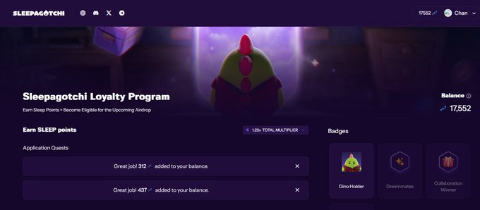 Screenshot of the 'Sleepagotchi Loyalty Program' webpage showing a balance of 17,552 sleep points, with sections for earning SLEEP points through application quests and a badges display featuring 'Dino Holder,' 'Dreamonauts,' and 'Collaboration Winner.'