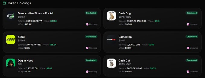 This image displays token holdings, including DFFA, 4663, DIH, CASH DOG, GME, and CASH CAT, which are relevant to the post's steps for buying meme coins. The user shows their purchased amounts of DFFA ($41.89) and 4663 ($56.24).