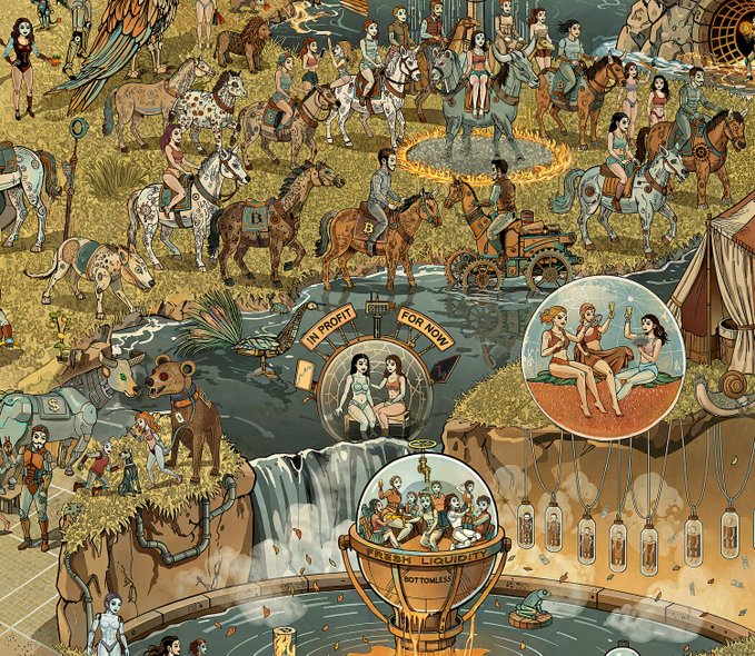 A detailed, surreal illustration depicts a complex scene with multiple figures, horses, and fantastical elements including a 'TOKEN LIQUIDITY' pool and signs reading 'IN PROFIT' and 'FOR NOW'.