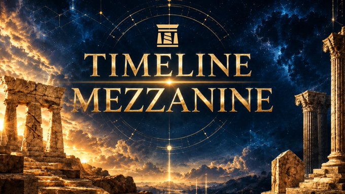 A fantasy landscape with ancient Greek-style columns frames a dramatic sky, with the title 'TIMELINE MEZZANINE' displayed prominently in golden text.