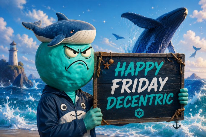 A 3D-rendered turquoise character with an angry expression wearing a blue hoodie and a whale hat, holding a wooden sign that reads "HAPPY FRIDAY DECENTRIC" against a backdrop of an ocean with a breaching whale and a lighthouse.