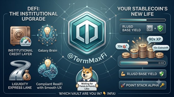 A DeFi promotional graphic for @TermMaxFi highlighting features like 'Institutional Credit Layer,' 'Galaxy Brain,' 'Liquidity Express Lane,' and 'Compliant RealFi with Smoooth UX.'