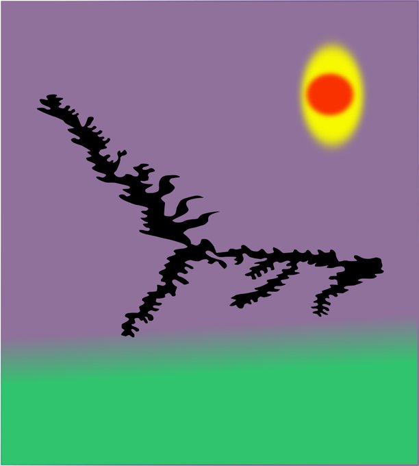 A simple digital drawing of a black bird in flight against a purple and green gradient sky with a yellow and red sun.