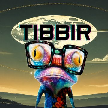 A vibrant, cosmic-themed illustration features a colorful frog wearing oversized galaxy-print glasses, set against a backdrop of a large moon and retro sunset, with the bold text "TIBBIR" displayed prominently across the moon. The image serves as a stylized graphic for the TIBBIR token, matching the post's discussion of significant wallet activity and trading volume for the $TIBBIR token.