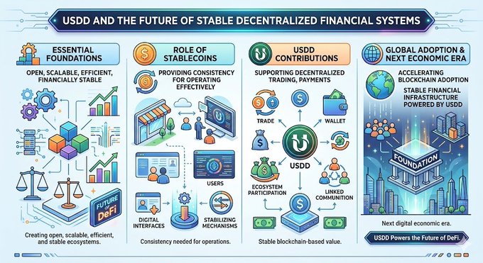 The image presents a poster or infographic discussing USDD (Unstablecoin DAO) and the future of financial systems, emphasizing the importance of creating stablecoins for financial stability. The poster features multiple illustrations and explanations that showcase different aspects of decentralized finance. These include a focus on open, scalable, efficient, and economically stable centralized systems and the rising significance of stablecoins in such developments.