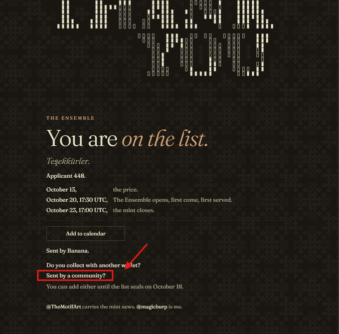 A black digital poster for 'THE ENSEMBLE' stating 'You are on the list' in white and orange text, listing schedule details and 'Sent by community?' highlighted by a red arrow and box, with the note '@TheMotifArt carries the mint news. @magicburp is me.'