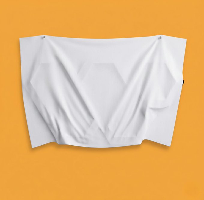 The image features a white cloth, possibly a flag or banner, that has been wrapped around a wall with two hooks attached to its sides. The cloth appears to be hanging loosely from the hooks, giving an impression of being suspended in mid-air against a contrasting orange background.