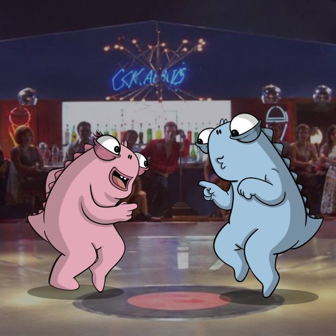 Two cartoon monsters—one pink and one blue—dance playfully on a vinyl record in a nightclub setting, with a neon sign reading "COCKTAILS" glowing in the background. The whimsical, animated scene fits the "Loose Fiction" vibe by blending real bar imagery with surreal, animated characters for a dreamlike, fictional feel.