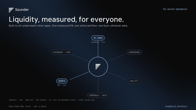 A dark-themed webpage for "Sounder" with the headline "Liquidity, measured, for everyone," featuring a diagram connecting labels like "EXCHANGES · APPS," "LAUNCHPADS," and "TERMINALS · BOTS."