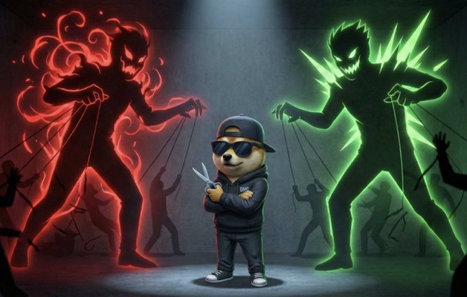 An AI-generated illustration of a cool dog character wearing sunglasses, a cap, and a hoodie, holding scissors and standing between two menacing shadow puppets (one red, one green) being controlled by silhouetted hands.