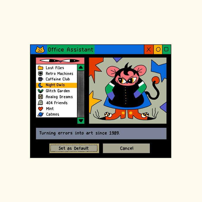 A retro Windows-style "Office Assistant" window displays a whimsical mouse-creature on a colorful geometric background, with "Night Owls" selected from a list including "Lost Files," "Retro Machines," and "404 Friends," accompanied by the tagline "Turning errors into art since 1989." The artwork by @bryanbrinkman playfully reimagines Microsoft Office's iconic Clippy-era assistants as an NFT piece from the SUPER AXSTONE WORLD collection on SuperRare.