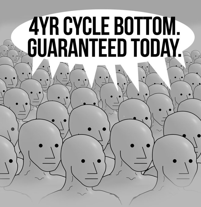 A humorous illustration of a crowd of identical gray humanoid faces with a large speech bubble reading '4YR CYCLE BOTTOM. GUARANTEED TODAY.', referencing financial market cycle predictions.