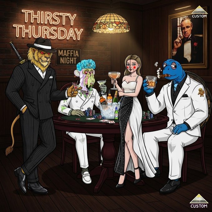 A cartoon-style illustration titled "THIRSTY THURSDAY / MAFFIA NIGHT" depicting anthropomorphic characters including a lion in a pinstripe suit, a blue-faced turtle smoking a cigar in a white suit, and a woman in a white dress at a poker table.