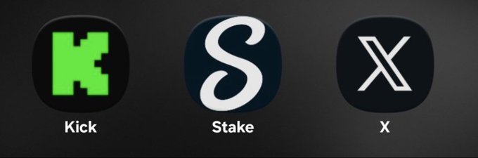 Three app icons displayed on a dark background: the green "K" logo for Kick, the stylized "S" for Stake, and the "X" logo for X (formerly Twitter), all positioned as potential streaming platforms ahead of a midnight announcement. The image suggests the speaker is ready to broadcast their late-night reveal across multiple streaming services.