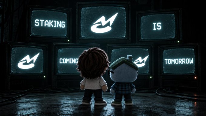 Two cartoon characters viewing multiple TV screens displaying the message 'STAKING [logo] IS COMING TOMORROW' against a dark background.