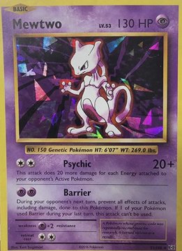 A vintage Pokémon trading card features Mewtwo as a Psychic-type Basic Pokémon with 130 HP, displaying attacks 'Psychic' and 'Barrier' along with a weakness and resistance to Fighting types.