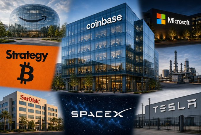 A collage of building images displaying logos and names of major corporations—Amazon, Coinbase, Microsoft, Strategy (with Bitcoin symbol), SanDisk, SpaceX, and Tesla—illustrates the Vietnamese post announcing Coinbase's expansion of its tokenized stock offerings on the Base network, featuring six prominent stocks from traditional finance giants including Amazon, Microsoft, SpaceX, SanDisk, Strategy, and Tesla, suggesting a more serious legal framework for these new digital asset offerings.