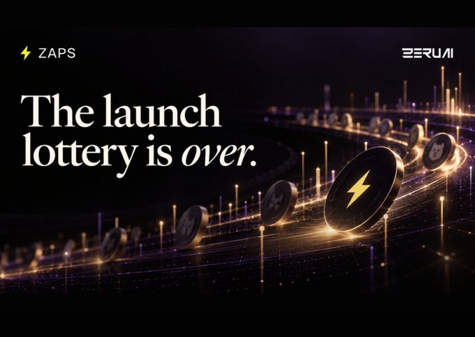 Dark promotional banner for ZAPS and BERUI reading “The launch lottery is over,” beside glowing circular tokens marked with a yellow lightning-bolt symbol.