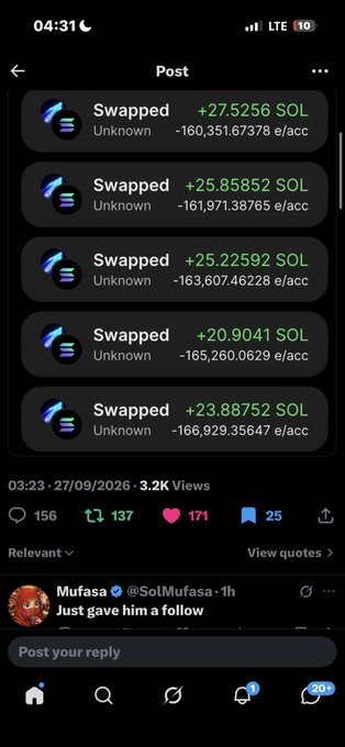 A screenshot of a crypto post showing multiple 'Swapped' transactions with SOL amounts and Ethereum addresses, timestamped 27/09/2026.
