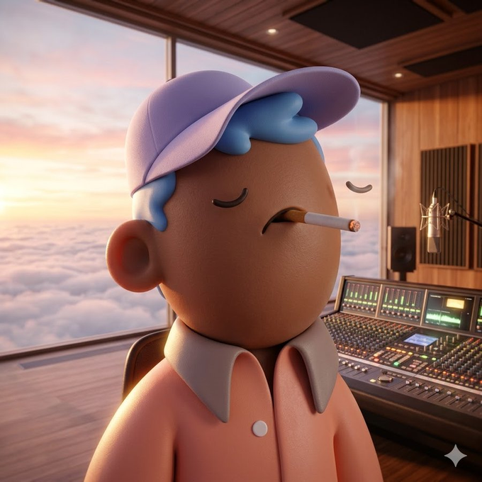 A stylized 3D character with blue hair under a lavender cap relaxes with a cigarette in his mouth inside a professional recording studio, set against a stunning sunset over the clouds. The image perfectly captures the "fresh day ahead" vibe of the post, blending creative energy with a peaceful, above-the-clouds perspective to motivate the NFT community.