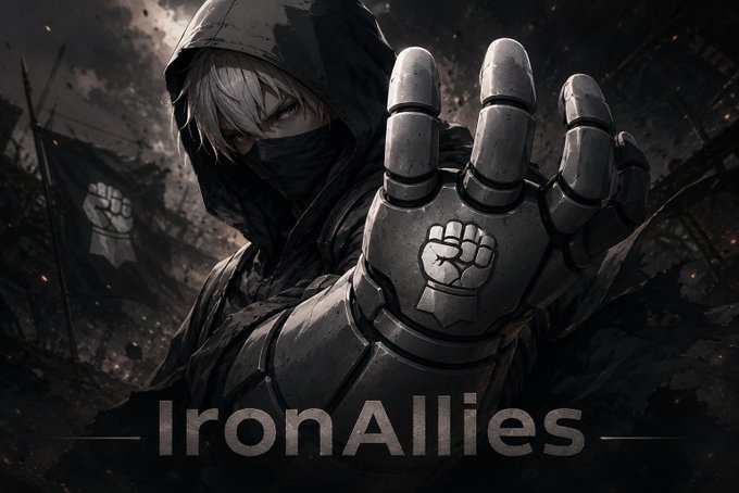 An anime-style grayscale illustration featuring a masked, hooded character with a large armored fist extended toward the viewer, bearing a raised fist logo and the text 'IronAllies' at the bottom.