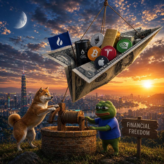 A paper boat made of dollar bills and loaded with crypto coins (Bitcoin, Ethereum, XRP) and an oil barrel is being lowered by a Shiba Inu and Pepe over a cityscape, next to a "FINANCIAL FREEDOM" sign—visually capturing the playful spirit of "gm. memes, markets, freedom" with its blend of crypto culture and meme icons chasing financial independence.