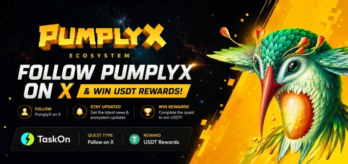 The image is a promotional banner for the PumplyX Ecosystem featuring a vibrant green hummingbird mascot, with text reading "FOLLOW PUMPLYX ON X & WIN USDT REWARDS!" and details about following PumplyX on X, staying updated, and winning USDT rewards via TaskOn. It advertises the 500 USDT reward campaign running until August 31 to engage with PumplyxOfficial on X.