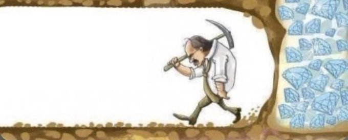 A cartoon illustration shows a man in a white shirt and green pants digging with a pickaxe toward a pile of sparkling blue diamonds on the right side of the image.
