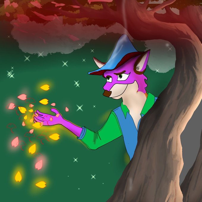 A purple fox wearing a blue hat and green shirt stands beneath a tree at night, casting magical glowing petals from its hand. The whimsical, fantastical artwork reflects the creative, community-driven spirit of the Outlanders NFT launch, symbolizing new beginnings and imaginative possibilities.