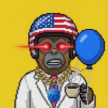 A pixel art illustration of a monkey wearing an American flag bandana, glowing red laser eyes, a gold chain, and holding a blue balloon against a yellow background.