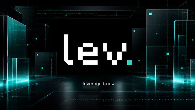 The image features a dark, futuristic digital landscape with glowing teal geometric structures, prominently displaying the pixelated text "Lev." in the center and "leveraged.now" beneath it. The cyberpunk aesthetic and minimalist branding visually reinforce the post's introduction of "Leveraged," a HyperEVM-based trading platform.