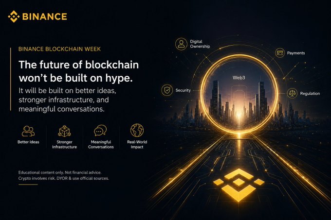 The image is a Binance promotional graphic for "Binance Blockchain Week," featuring a futuristic golden Web3 cityscape encircled with themes like Digital Ownership, Payments, Security, and Regulation, with the tagline "The future of blockchain won't be built on hype. It will be built on better ideas, stronger infrastructure, and meaningful conversations." It visually reinforces the post's message by symbolizing a grounded, infrastructure-driven vision of blockchain's future rather than hype, highlighting the event's focus on collaboration between builders, innovators, and regulators.