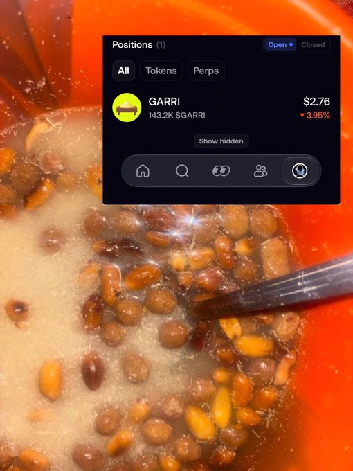 A bowl of garri (cassava) soaked in water sits beneath a screenshot showing a crypto portfolio with 143.2K $GARRI tokens valued at $2.76, down 3.95%—visually playing on the Nigerian food staple "garri" that shares its name with the memecoin being joked about.