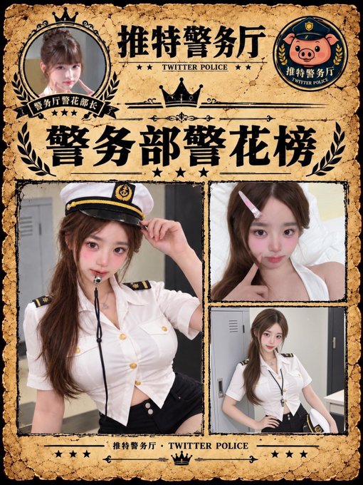 A 'Twitter Police' themed poster titled '警务部警花榜' featuring multiple photos of a young woman in a white police-style uniform and cap.