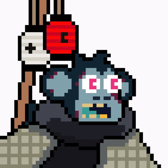 A pixel art illustration of a gray-skinned zombie-like creature with glowing pink eyes, green teeth, and tattered clothing, holding a polearm weapon.