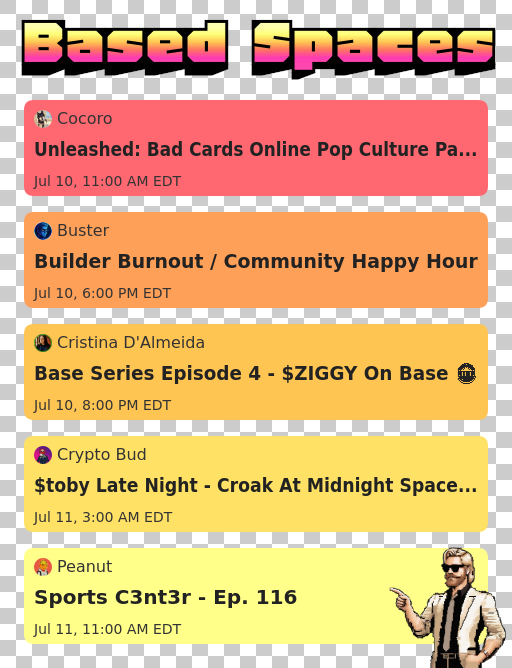 A retro-styled event listing titled "Based Spaces" showing five upcoming events including "Unleashed: Bad Cards Online Pop Culture Pa..." (Cocoro), "Builder Burnout / Community Happy Hour" (Buster), "Base Series Episode 4 - $ZIGGY On Base" (Cristina D'Almeida), "$toby Late Night - Croak At Midnight Space..." (Crypto Bud), and "Sports C3nt3r - Ep. 116" (Peanut).