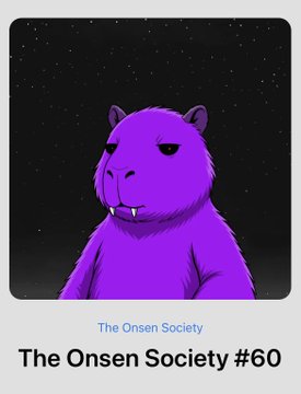 A digital artwork titled 'The Onsen Society #60' featuring a purple bear-like character against a starry black background.