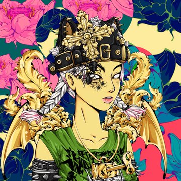 A vibrant pop-art style illustration of a woman wearing a Gucci-decorated headpiece and ornate golden attire, set against a floral background.