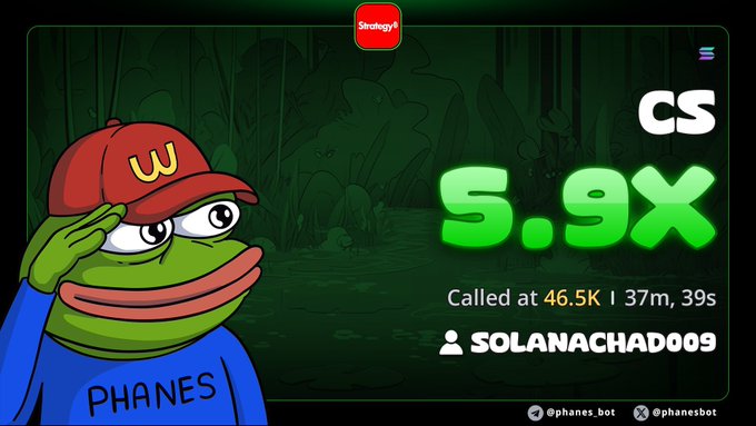 A digital graphic shows a cartoon frog wearing a red cap and a blue shirt labeled 'PHANES' saluting, with the text 'CS 5.9x Called at 46.5K | 37m, 39s SOLANACHAD009'.
