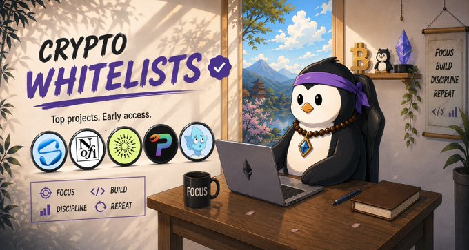 A promotional graphic titled 'CRYPTO WHITELISTS' featuring a penguin mascot wearing a purple bandana working on a laptop, alongside various cryptocurrency logos and motivational text.