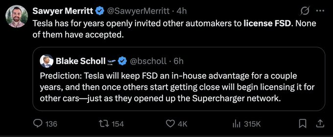 A Twitter/X screenshot showing a post by Sawyer Merritt stating 'Tesla has for years openly invited other automakers to license FSD. None of them have accepted,' quoting a prediction by Blake Scholl about Tesla's FSD strategy.