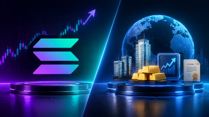 A split digital graphic showing the purple Solana logo on the left with trading charts, and a blue globe with skyscrapers, gold bars, and financial documents on the right, representing global crypto market trends.