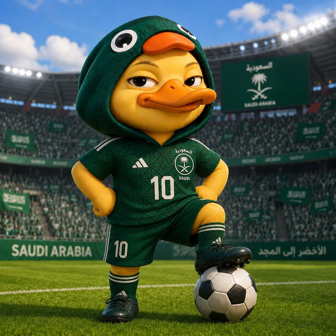 A cartoon duck mascot wearing a green Saudi Arabia soccer jersey with the number "10" poses confidently with a soccer ball on the pitch in a packed stadium displaying "SAUDI ARABIA" signage.

The image cleverly uses the determined, forward-stanced Saudi sports mascot as a visual metaphor for the post's message about new builders arriving in the Web3 space — channeling national-team-level confidence and momentum to hype Wallchain's growing ecosystem of creators and collaborators.