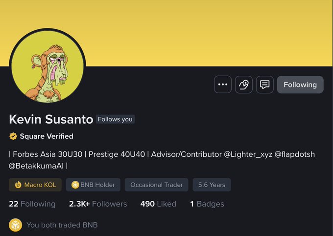 Twitter/X profile for 'Kevin Susanto' featuring a cartoon monkey avatar, with bio text 'I Forbes Asia 30U30 I Prestige 40U40 I Advisor/Contributor @Lighter_xyz @flapdotsh @BetakkumaAI', badges including 'Square Verified', 'Macro KOL', 'BNB Holder', 'Occasional Trader', and '5.6 Years' on platform, with 22 Following, 2.3K+ Followers, 490 Liked, 1 Badges.