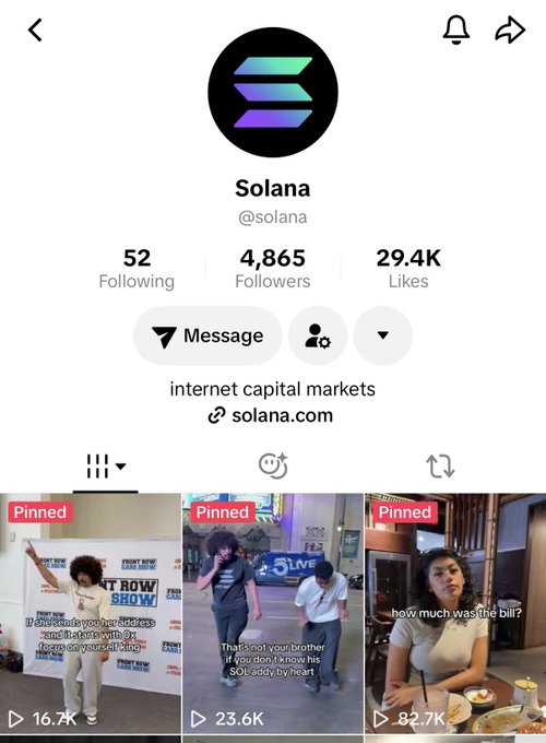 A TikTok profile page for Solana (@solana) showing 4,865 followers, with the caption encouraging users to help reach 5,000 followers. The pinned videos visible include one with 82.7K views asking "how much was the bill?" and others promoting a "Front Row Show" event.