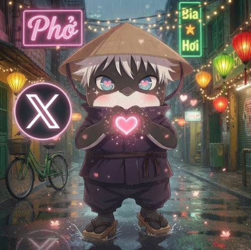 An anime-style chibi character wearing a Vietnamese conical hat (nón lá) and holding a glowing pink heart, set on a rainy street with neon signs reading 'Phở', 'Bia Hơi', and an 'X' logo, with a bicycle in the background.